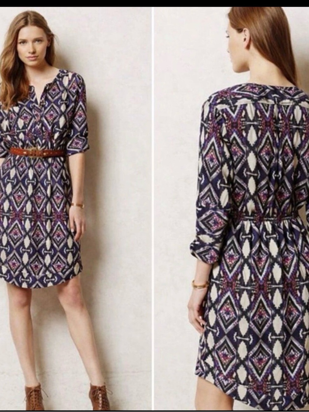 Anthropologie- HOLDING HORSES Navy, Cream and Pink Geometric-Print Mini Dress